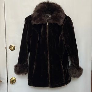 Dennis by Dennis Basso XS faux fur coat with removable hood. Sable brown.